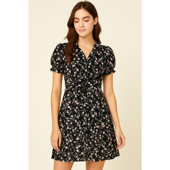 Love Tree Black Floral Puff Sleeve Button Front Dress - Size Small - Picture 1 of 6